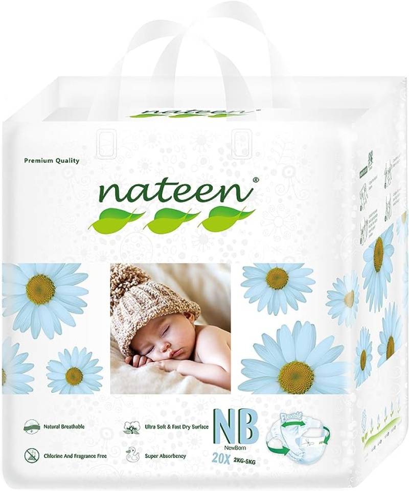 NATEEN PREMIUM LINE NEW BORN (Size 1), 20 BUC - Scutece ecologice pentru bebeluși nou-născuți (3-5kg) - Protecție împotriva scurgerilor, scutece de unică folosință super absorbante, hipoalergenice cu fixare confortabila 3D Flex&Fit