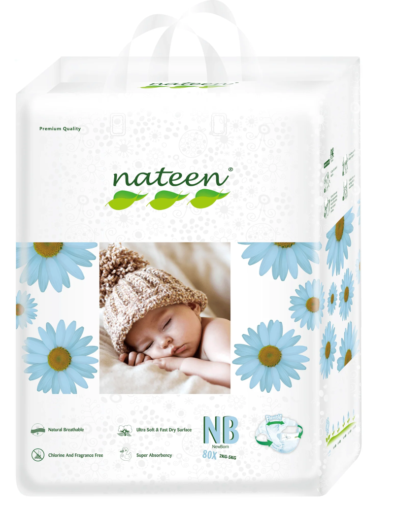 NATEEN PREMIUM LINE NEW BORN (Size 1), 80 BUC - Scutece ecologice pentru bebeluși nou-născuți (3-5kg) - Protecție împotriva scurgerilor, scutece de unică folosință super absorbante, hipoalergenice cu fixare confortabila 3D Flex&Fit