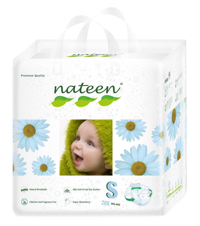 NATEEN PREMIUM LINE SMALL (Size 2), 20 BUC - scutece ecologice pentru bebeluși, 4-6 kg - Protecție împotriva scurgerilor, scutece de unică folosință super absorbante, hipoalergenice cu fixare confortabila3D Flex&Fit