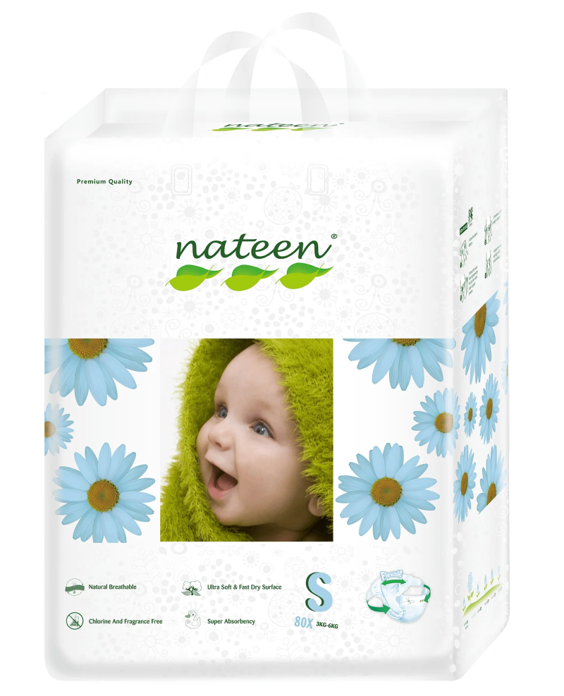 NATEEN PREMIUM LINE SMALL (Size 2), 80 BUC - scutece ecologice pentru bebeluși, 4-6 kg - Protecție împotriva scurgerilor, scutece de unică folosință super absorbante, hipoalergenice cu fixare confortabila 3D Flex&Fit