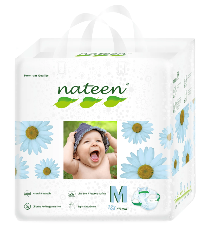 NATEEN PREMIUM LINE MEDIUM (Size 3), 18 BUC - scutece ecologice pentru bebeluși, 6-10 kg - Protecție împotriva scurgerilor, scutece de unică folosință super absorbante, hipoalergenice cu fixare confortabila 3D Flex&Fit
